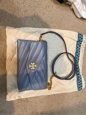Tory Burch Quilted Slate Blue Leather Crossbody with Gold Hardware
